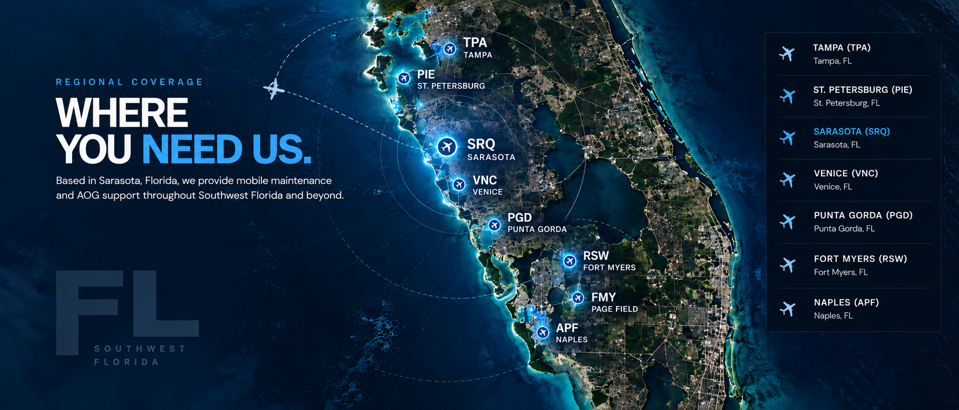 NEISER Aviation regional coverage map for Southwest Florida